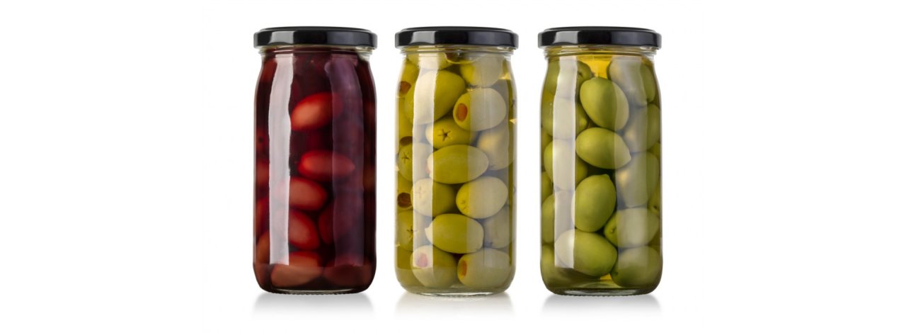 Three glass jars with viglia olives