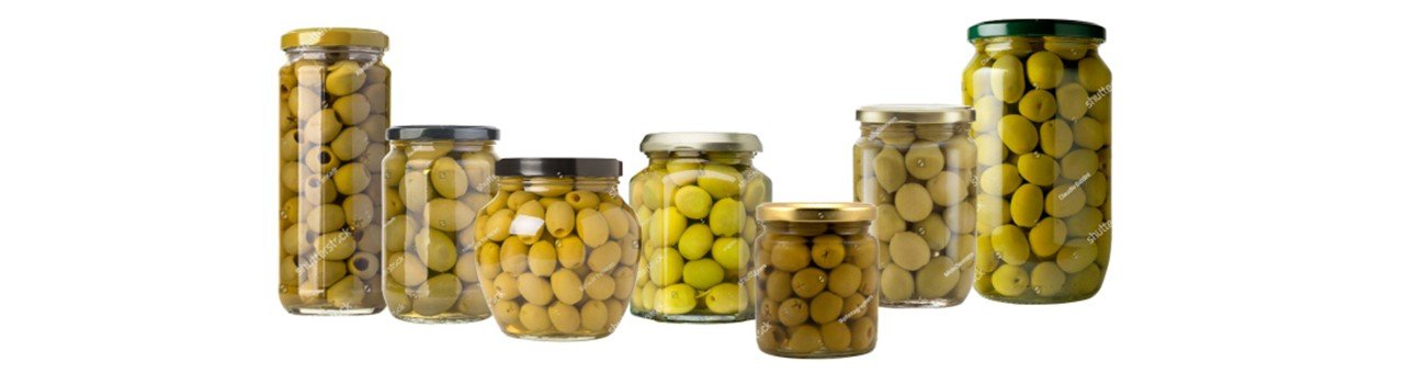 Various glass jars with viglia olives